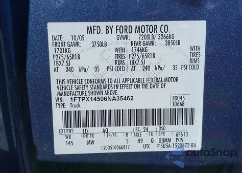 2006 Ford F-150 Fx4/Lariat/Xl/Xlt z USA, uszkodzony, nr VIN 1FTPX14506NA35462